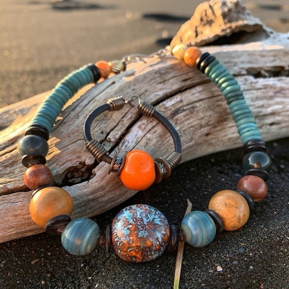 Handmade Jewelry - Colorful Vintage Jewelry Set - Bold Necklace and Bracelet